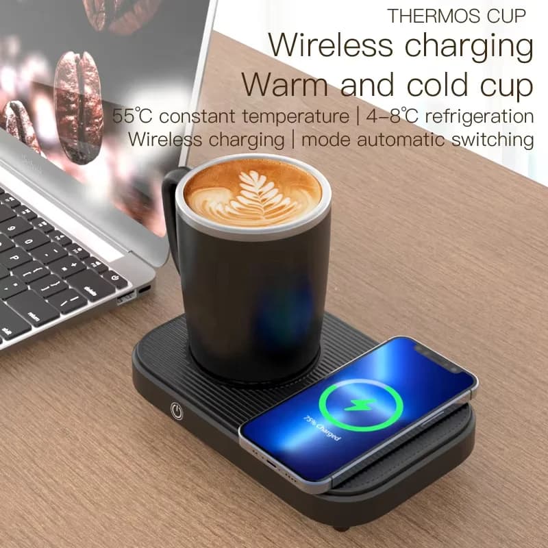 Black 3-in-1 Cup Heating Cooling Pad Smart Coffee Warmer/Chiller with 15W Wireless Phone Charger for Home Work 2